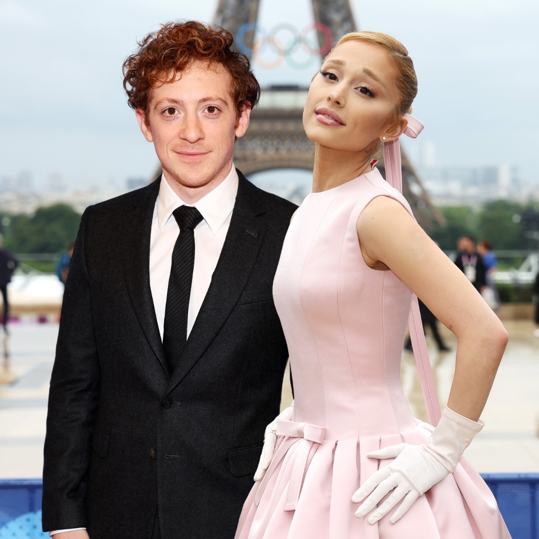 a collaged image of ariana grande and ethan slater