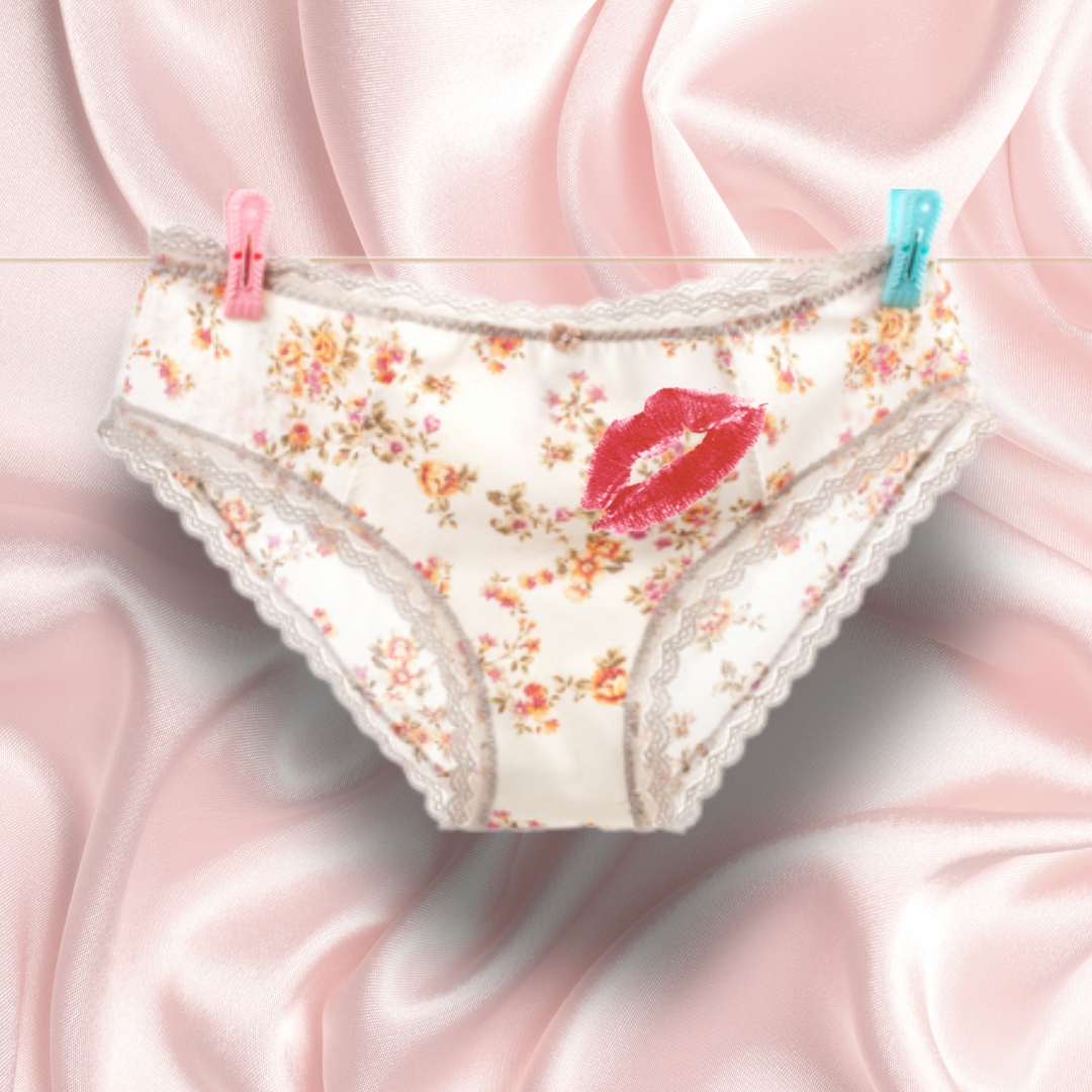 a graphic of underwear with a lipstick kiss mark on them, indicating how to eat pussy